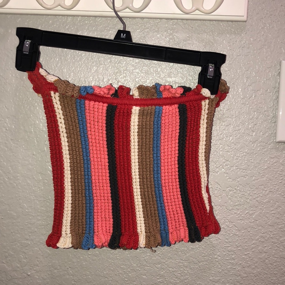 A colorful strapless crop top